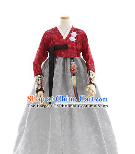 Korean Bride Mother Dark Red Blouse and Grey Dress Korea Fashion Costumes Traditional Hanbok Festival Apparels for Women