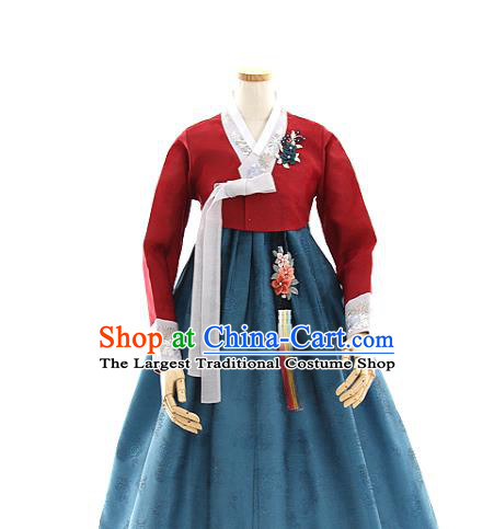 Korean Bride Mother Red Blouse and Dark Green Dress Korea Fashion Costumes Traditional Hanbok Festival Apparels for Women
