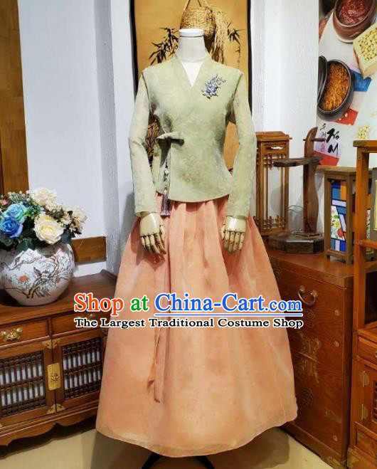 Korean Women Apparels Light Green Blouse and Orange Skirt Asian Korea Fashion Traditional Hanbok Costumes