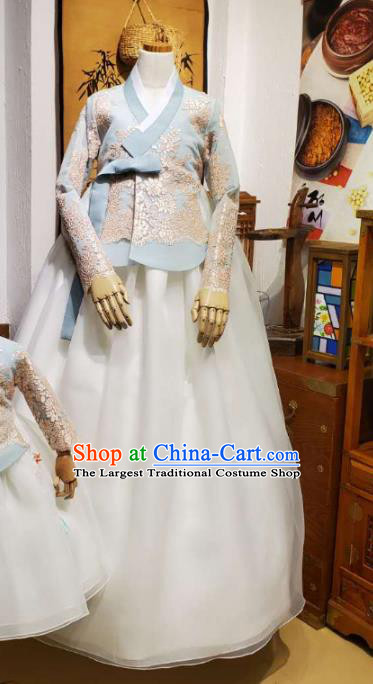 Korean Traditional Wedding Blue Lace Blouse and White Dress Korea Fashion Bride Costumes Hanbok Apparels for Women