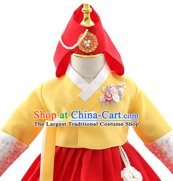 Asian Korea Girls Yellow Blouse and Red Dress Korean Kids Fashion Traditional Apparels Hanbok Birthday Costumes with Headwear