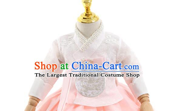 Asian Korea Girls Birthday White Blouse and Pink Dress Korean Kids Fashion Traditional Apparels Hanbok Costumes