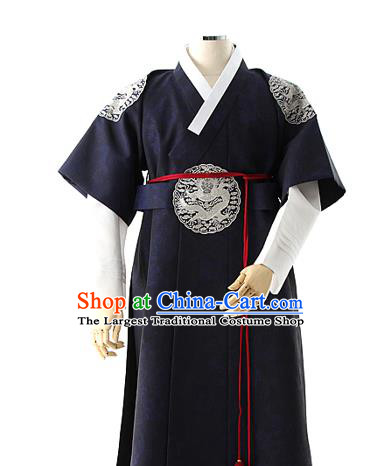 Asian Korea Court Prince Navy Vest Shirt and Pants Dress Korean Bridegroom Fashion Traditional Apparels Hanbok Wedding Costumes