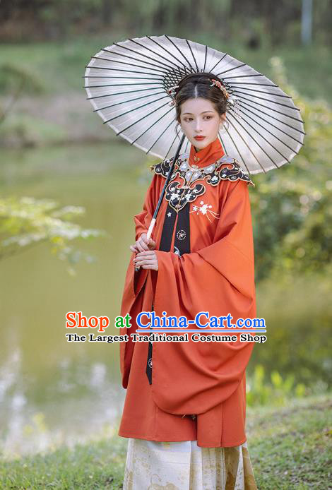 Chinese Ancient Ming Dynasty Imperial Concubine Costumes Traditional Court Women Hanfu Apparels Red Gown and Skirt Shoulder Tippet Full Set