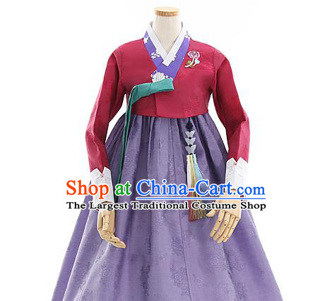 Korean Bride Mother Hanbok Wine Red Blouse and Purple Dress Korea Fashion Costumes Traditional Festival Apparels for Women