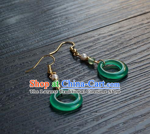 Handmade Chinese Women Hanfu Ear Accessories Ancient Court Eardrop Classical Green Ring Earrings