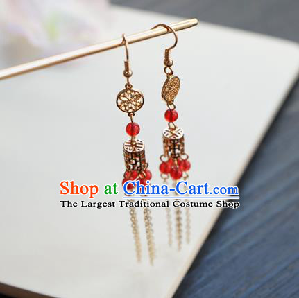 Handmade Chinese Women Golden Tassel Ear Accessories Classical Hanfu Red Beads Earrings