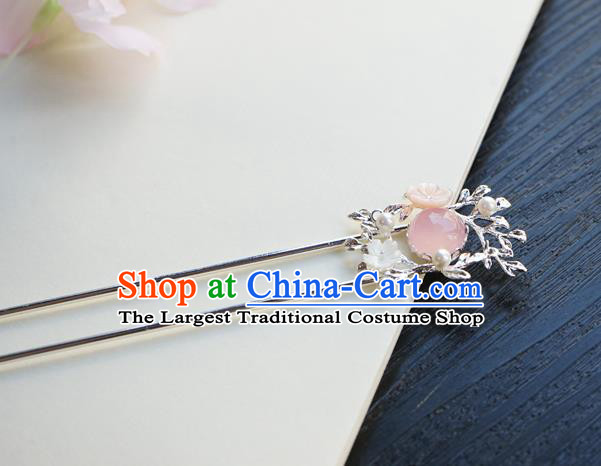 Chinese Classical Pink Chalcedony Hair Clip Hair Accessories Handmade Ancient Hanfu Argent Hairpin for Women