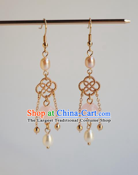 Handmade Chinese Classical Pearls Ear Accessories Ancient Women Hanfu Pink Bead Earrings