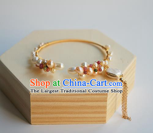 Chinese Classical Pearls Bracelet Jewelry Accessories Ancient Hanfu Golden Tassel Bangle