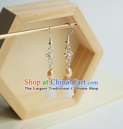 Handmade Chinese Classical White Convallaria Ear Accessories Ancient Women Hanfu Pearl Earrings