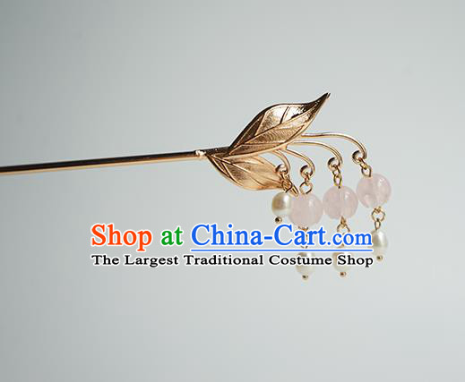 Chinese Hanfu Classical Pearls Tassel Hair Accessories Handmade Ancient Princess Golden Leaf Hairpins for Women