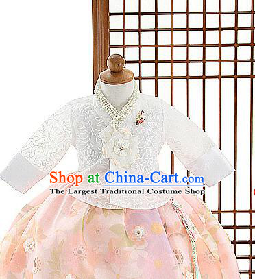 Asian Korea Girls White Blouse and Pink Dress Korean Kids Fashion Traditional Hanbok Apparels Birthday Costumes