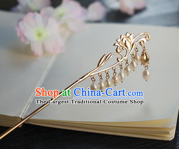 Chinese Classical Hanfu Golden Orchid Tassel Step Shake Hair Accessories Handmade Ancient Song Dynasty Pearls Hairpin for Women