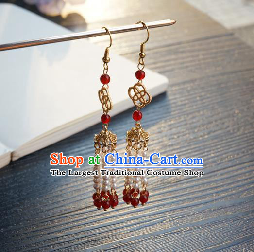 Handmade Chinese Ancient Court Ear Accessories Women Hanfu Golden Eardrop Classical Pearls Tassel Earrings