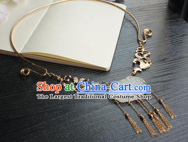 Chinese Handmade Hanfu Jade Necklace Classical Jewelry Accessories Ancient Princess Longevity Lock Golden Tassel Necklet for Women