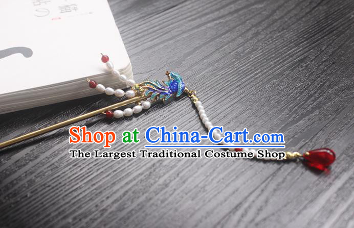 Chinese Classical Cloisonne Phoenix Hair Clip Hair Accessories Handmade Ancient Hanfu Pearls Tassel Hairpin for Women