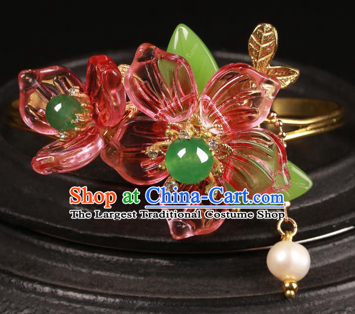 Chinese Handmade Hanfu Red Flowers Bracelet Classical Jewelry Accessories Bangle for Women