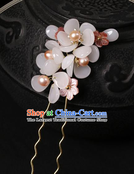 Chinese Classical Pearls Hair Clip Hair Accessories Handmade Ancient Court Lady Hanfu White Flowers Hairpins for Women