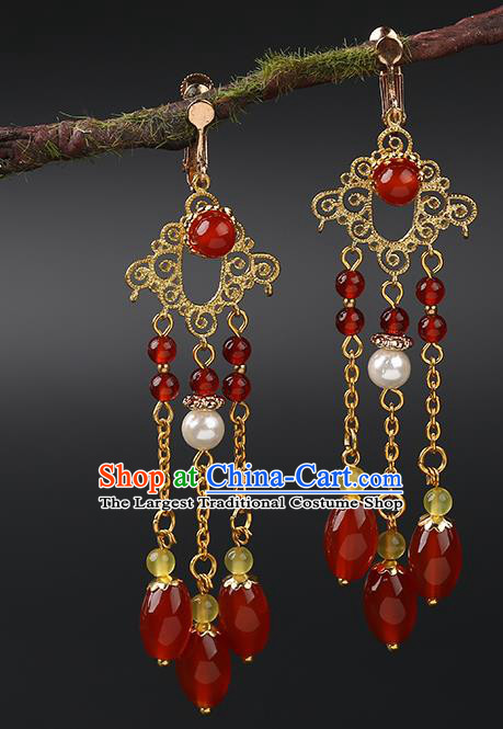 Handmade Chinese Wedding Ear Accessories Classical Eardrop Ancient Women Hanfu Red Beads Tassel Earrings