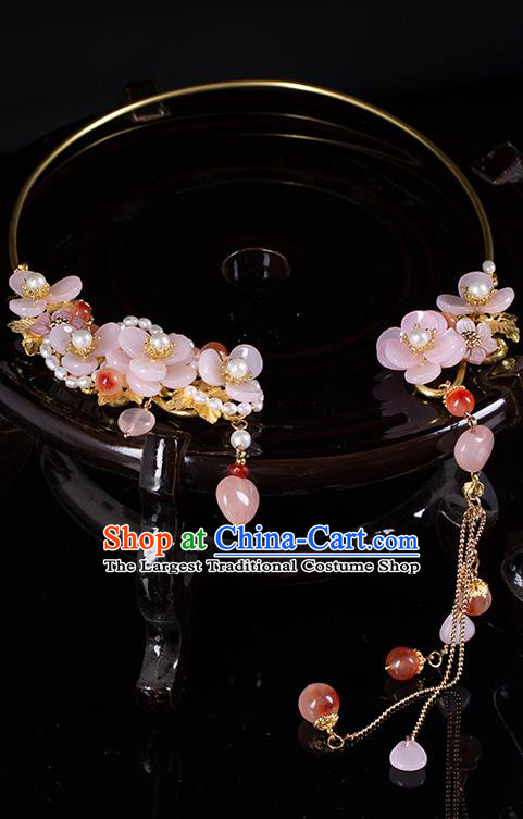 Chinese Handmade Pearls Necklet Classical Jewelry Accessories Ancient Hanfu Pink Flower Necklace for Women