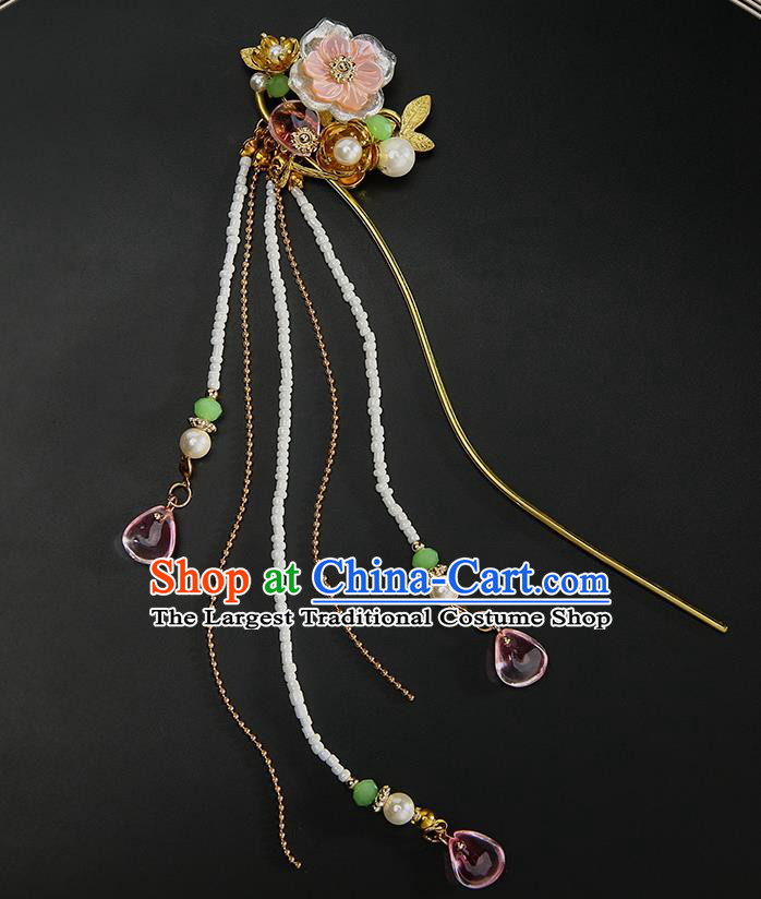 Chinese Classical Beads Tassel Hair Clip Hanfu Hair Accessories Handmade Ancient Princess Shell Flower Hairpins for Women