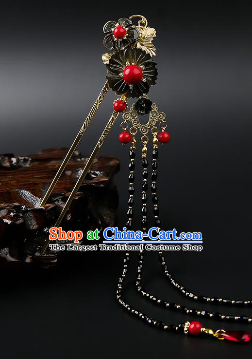 Chinese Classical Black Plum Hair Clip Hanfu Hair Accessories Handmade Ancient Song Dynasty Princess Beads Tassel Hairpins for Women