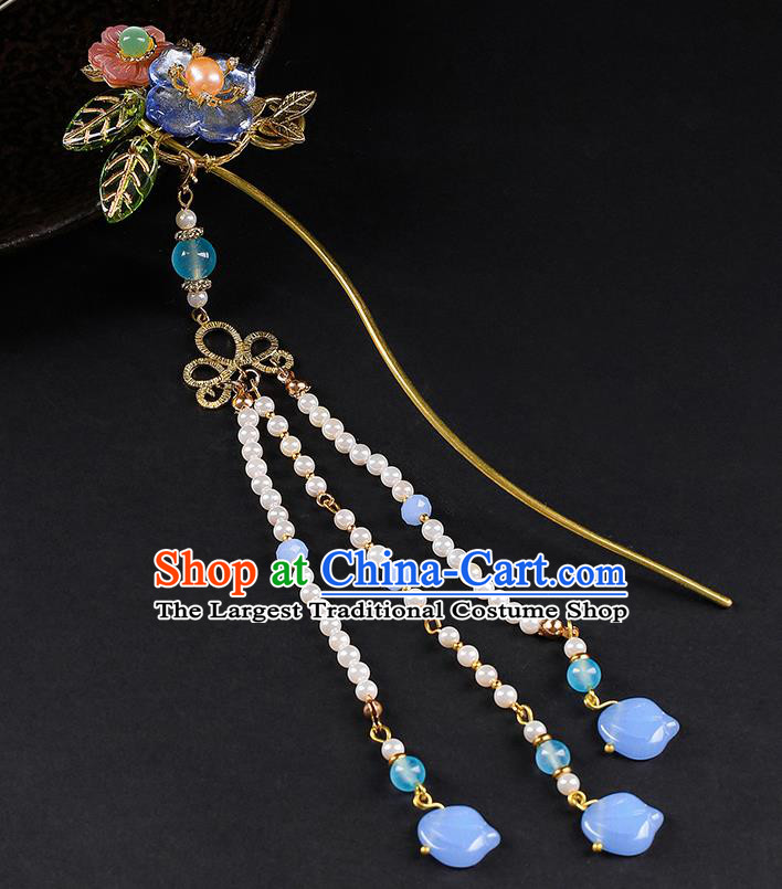 Chinese Classical Beads Tassel Hair Clip Hanfu Hair Accessories Handmade Ancient Princess Blue Plum Hairpins for Women