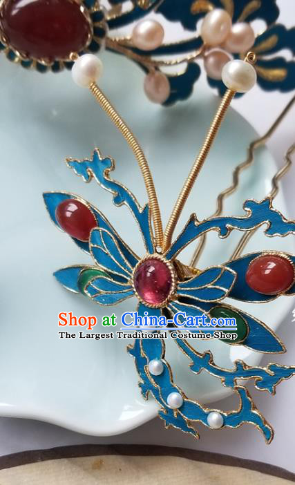 Chinese Classical Gems Dragonfly Hair Clip Hanfu Hair Accessories Handmade Ancient Qing Dynasty Empress Hairpins for Women