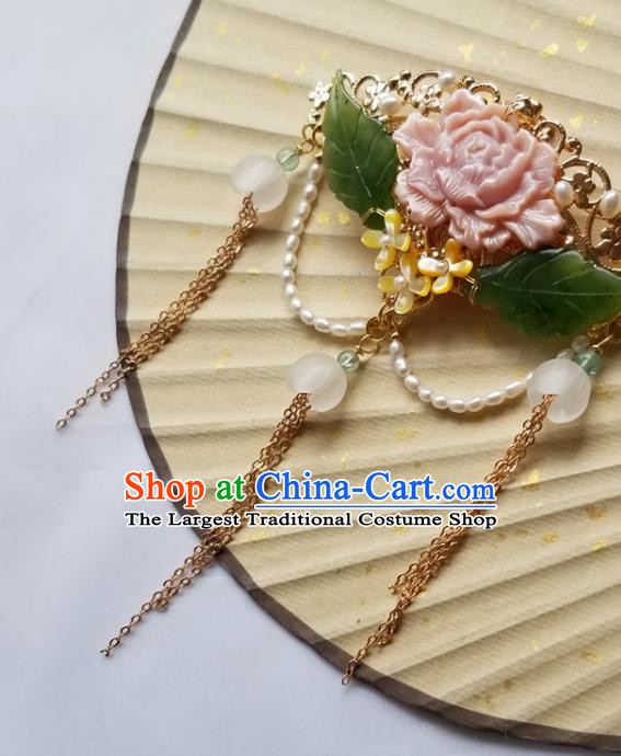 Chinese Classical Pink Peony Hair Claw Hanfu Hair Accessories Handmade Ancient Qing Dynasty Princess Tassel Hairpins for Women