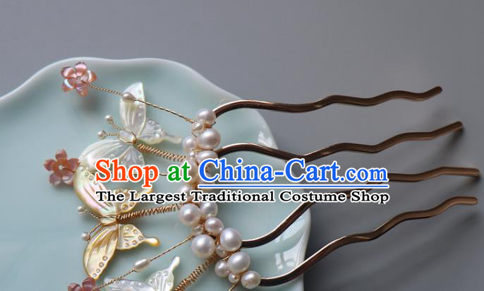 Chinese Classical Pearls Hair Comb Hanfu Hair Accessories Handmade Ancient Princess Shell Butterfly Hairpins for Women