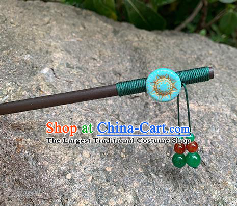 Chinese Classical Cheongsam Wood Hair Clip Hanfu Hair Accessories Handmade Ancient Ebony Green Beads Tassel Hairpin for Women