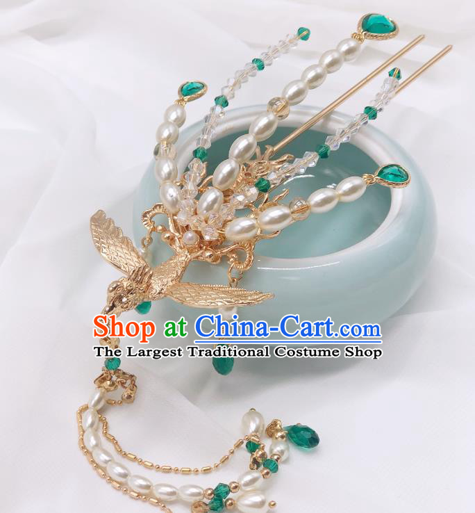 Chinese Classical Court Pearls Tassel Hair Clip Women Hanfu Hair Accessories Handmade Ancient Empress Green Crystal Phoenix Hairpins