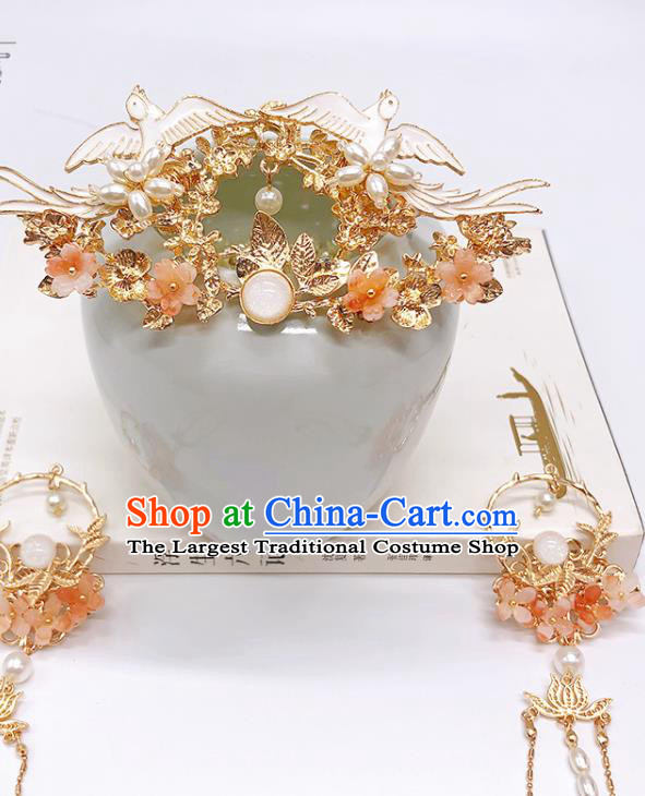 Chinese Classical Birds Hair Crown Women Hanfu Hair Accessories Handmade Ancient Princess Golden Hairpins