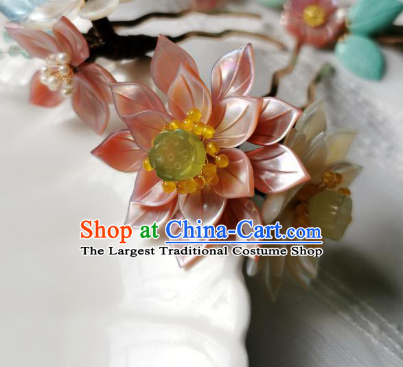 Chinese Classical Pink Lotus Hair Clip Hanfu Hair Accessories Handmade Ancient Princess Shell Flower Hairpins for Women