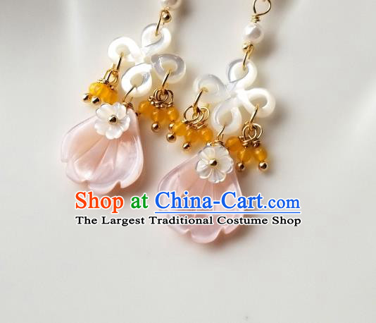 Handmade Chinese Pink Shell Ear Accessories Classical Eardrop Ancient Women Hanfu Earrings