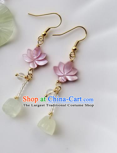 Handmade Chinese Pink Shell Lotus Ear Accessories Classical Eardrop Ancient Women Hanfu Earrings