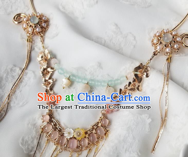 Chinese Handmade Ming Dynasty Pink Chalcedony Necklet Classical Jewelry Accessories Ancient Hanfu Golden Tassel Necklace for Women