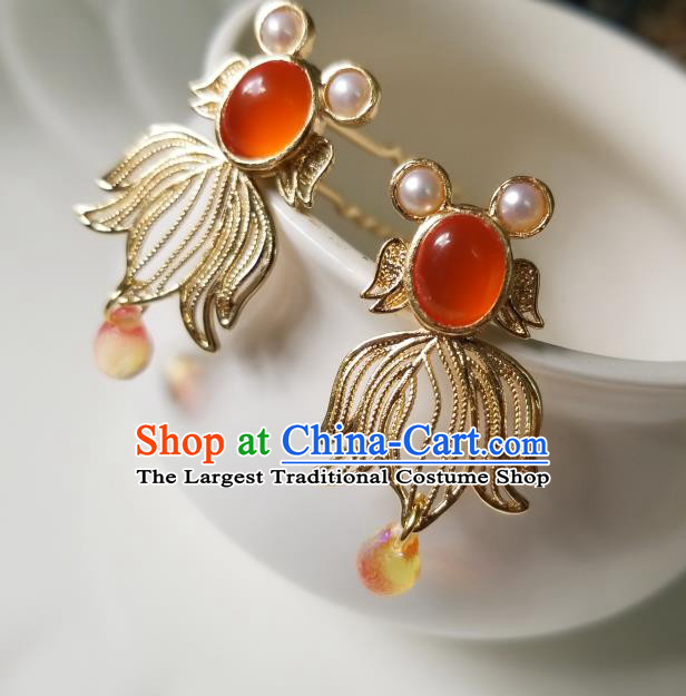 Chinese Classical Goldfish Hair Clip Hanfu Hair Accessories Handmade Ancient Song Dynasty Princess Agate Hairpins for Women