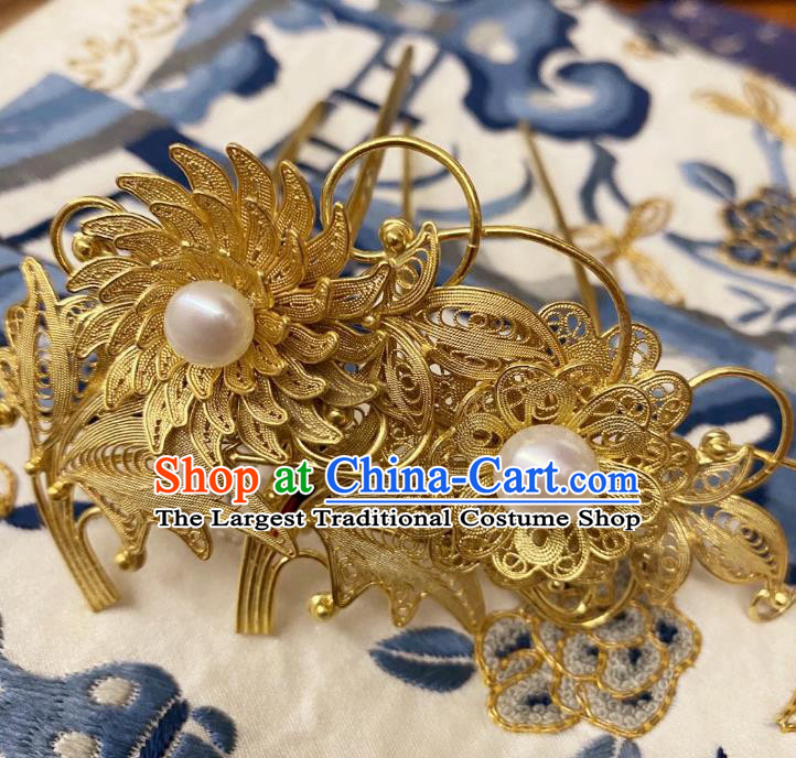 Chinese Classical Court Flower Hair Clips Women Hanfu Hair Accessories Handmade Ancient Tang Dynasty Empress Golden Hairpins