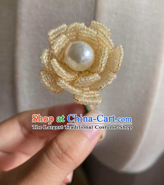 Chinese Classical Court Beige Beads Flower Hair Clip Women Hanfu Hair Accessories Handmade Ancient Qing Dynasty Princess Hairpins