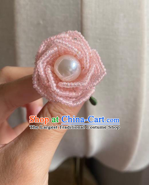 Chinese Classical Court Pink Beads Rose Hair Clip Women Hanfu Hair Accessories Handmade Ancient Qing Dynasty Princess Hairpins