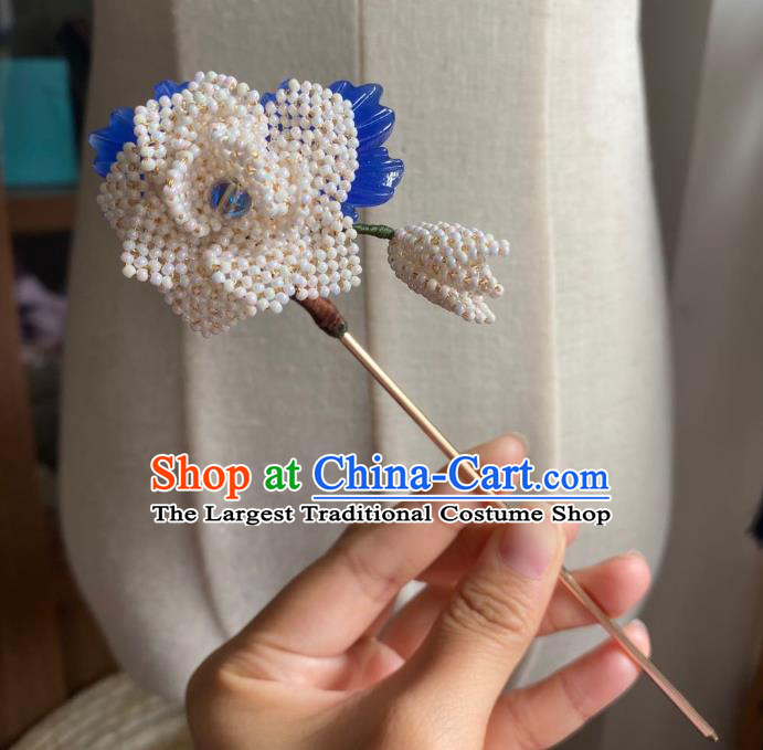 Chinese Classical Court Beads Hair Clip Women Hanfu Hair Accessories Handmade Ancient Qing Dynasty Princess White Flower Hairpins