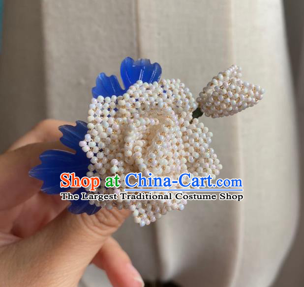 Chinese Classical Court White Rose Hair Clip Women Hanfu Hair Accessories Handmade Ancient Qing Dynasty Princess Beads Hairpins