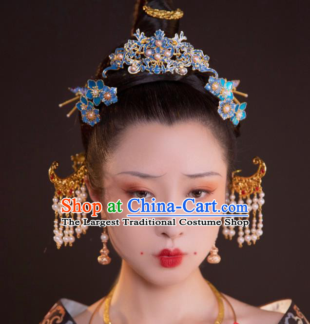 Chinese Classical Court Empress Hair Comb Women Hanfu Hair Accessories Handmade Ancient Ming Dynasty Blueing Hairpins Full Set