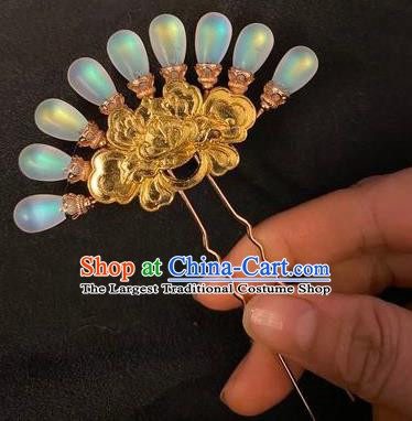 Chinese Classical Moonstone Hair Clip Women Hanfu Hair Accessories Handmade Ancient Tang Dynasty Court Golden Hairpins