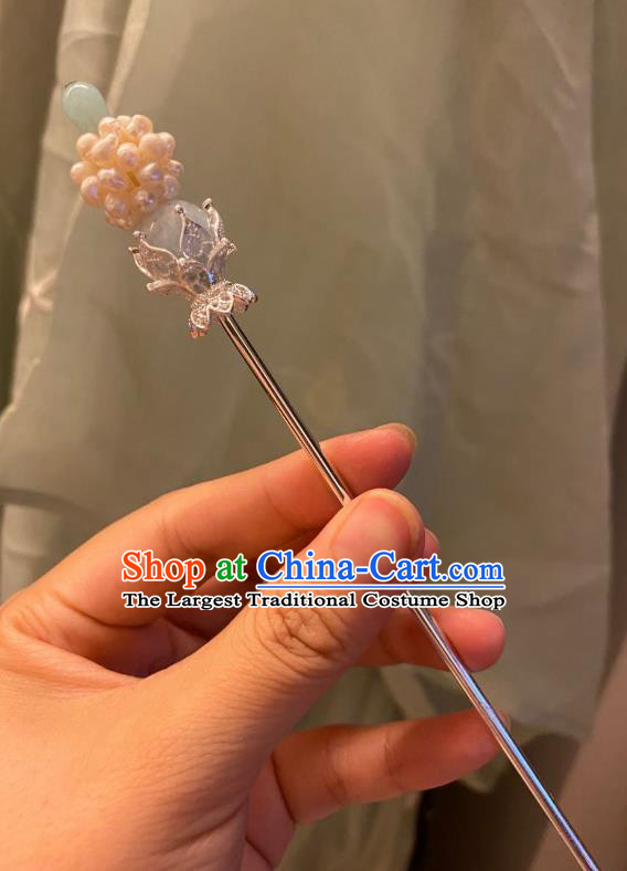 Chinese Ancient Court Empress Pearls Hairpin Handmade Hanfu Hair Accessories Argent Hair Clip