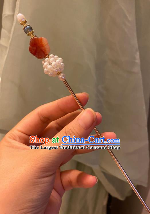 Chinese Ancient Court Empress Pearls Hairpin Handmade Hanfu Hair Accessories Agate Hair Clip