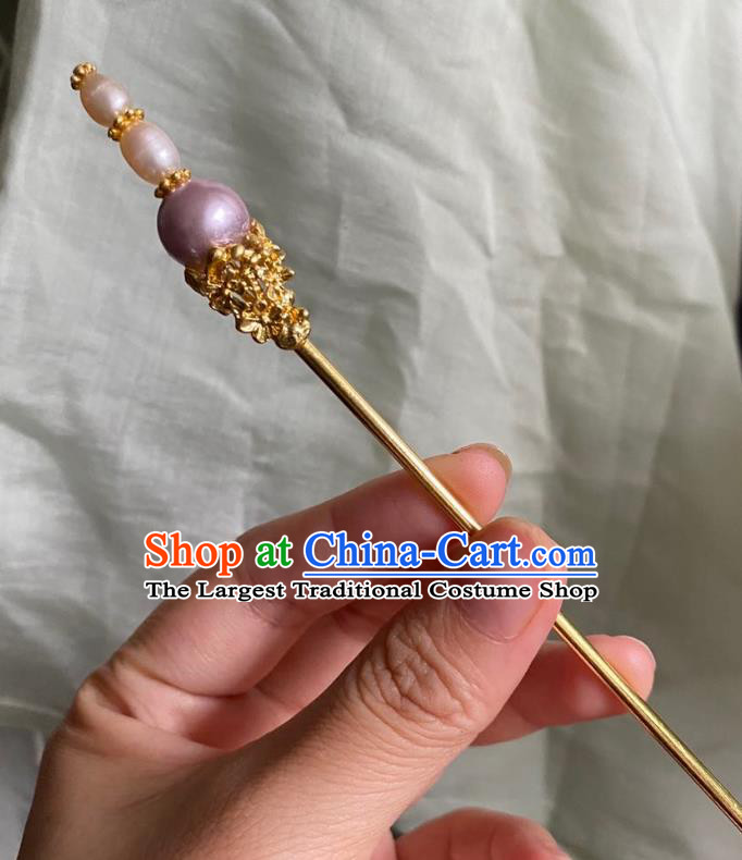 Chinese Ancient Court Empress Purple Bead Hairpin Handmade Hanfu Hair Accessories Qing Dynasty Golden Hair Clip