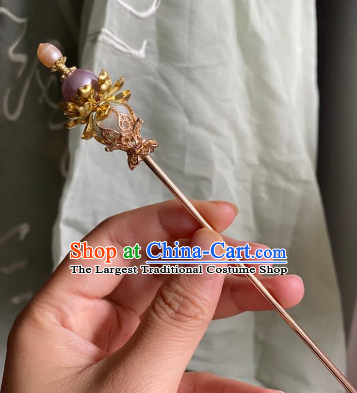 Chinese Ancient Court Golden Lotus Hairpin Handmade Hanfu Hair Accessories Qing Dynasty Stone Hair Clip